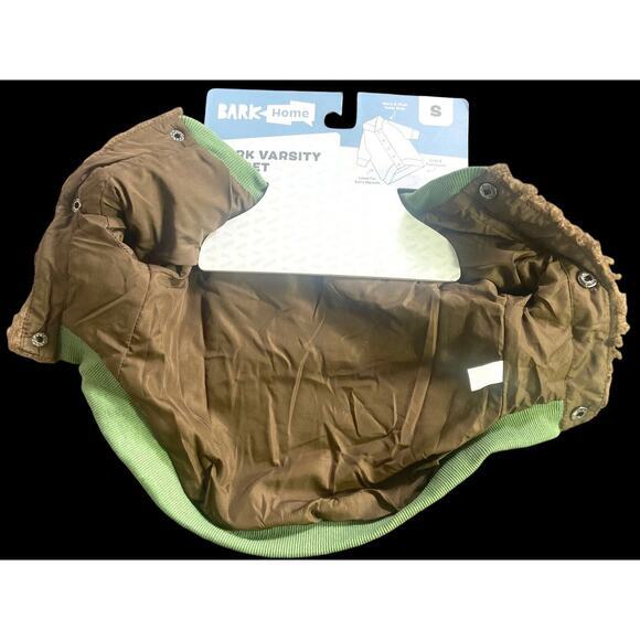 Bark Home Bark Varsity Jacket Green Brown Dog Sweater Snap Buttons Size Small - Picture 2 of 11